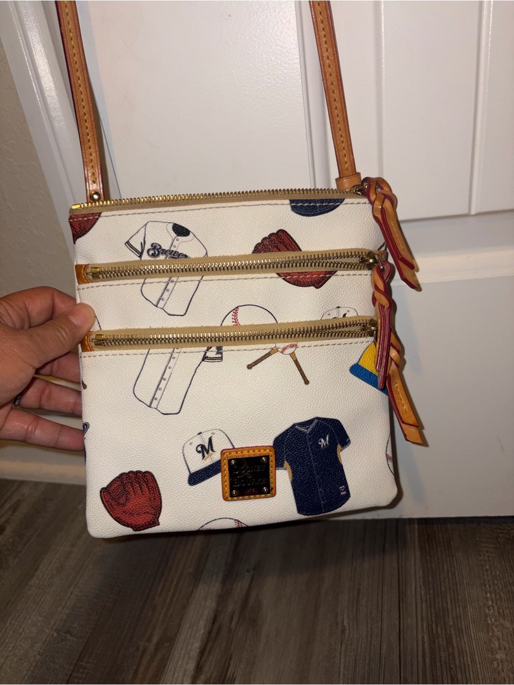 Dooney & Bourke White Baseball Print Crossbody with Tan Strap